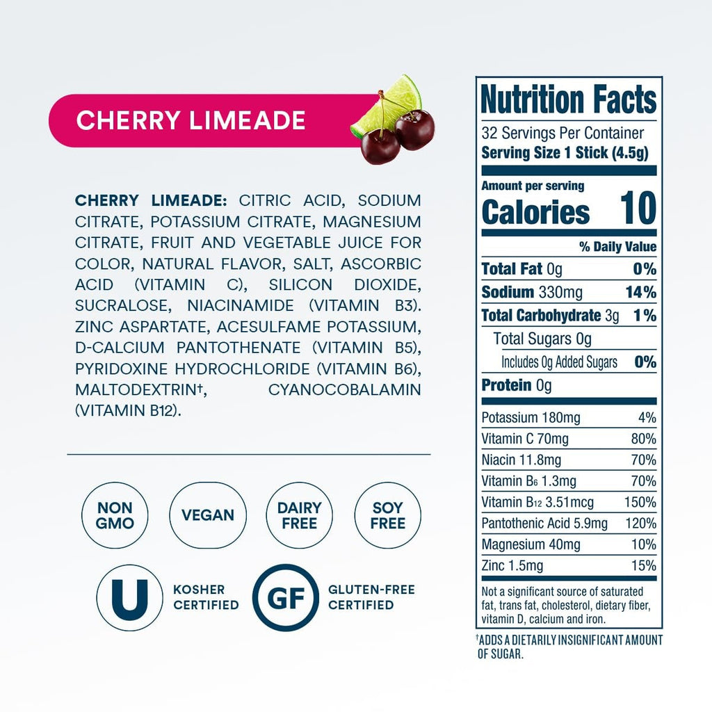 Zero Sugar Cherry Limeade Electrolyte Powder, 8 oz sticks, 32 count C4