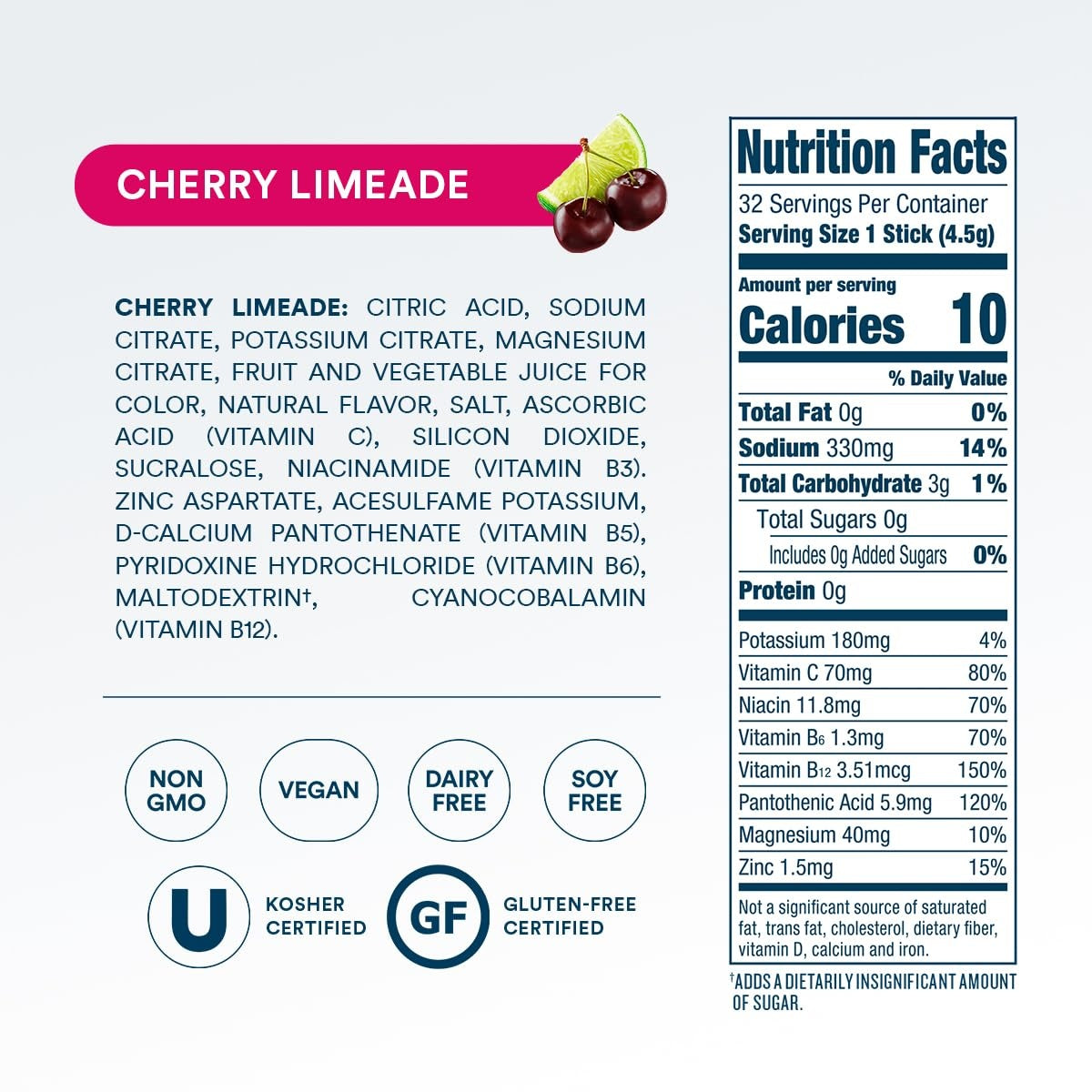 Zero Sugar Cherry Limeade Electrolyte Powder, 8 oz sticks, 32 count C4