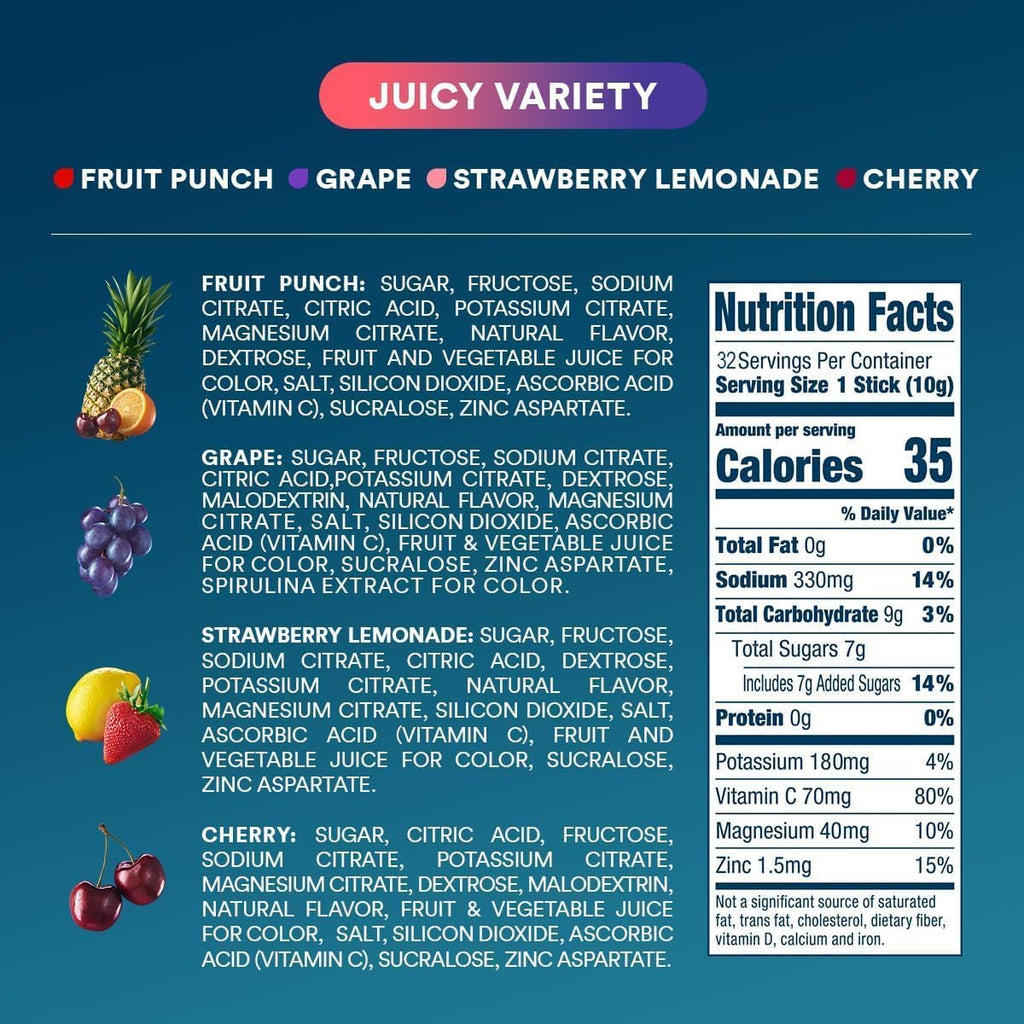 Juicy Variety Pack Electrolyte Powder, 8 oz sticks, 32 count E4
